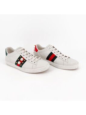 Gucci Ace White Leather Pearl Studded Web Stripe Sneakers Size 36 US 6 Women's